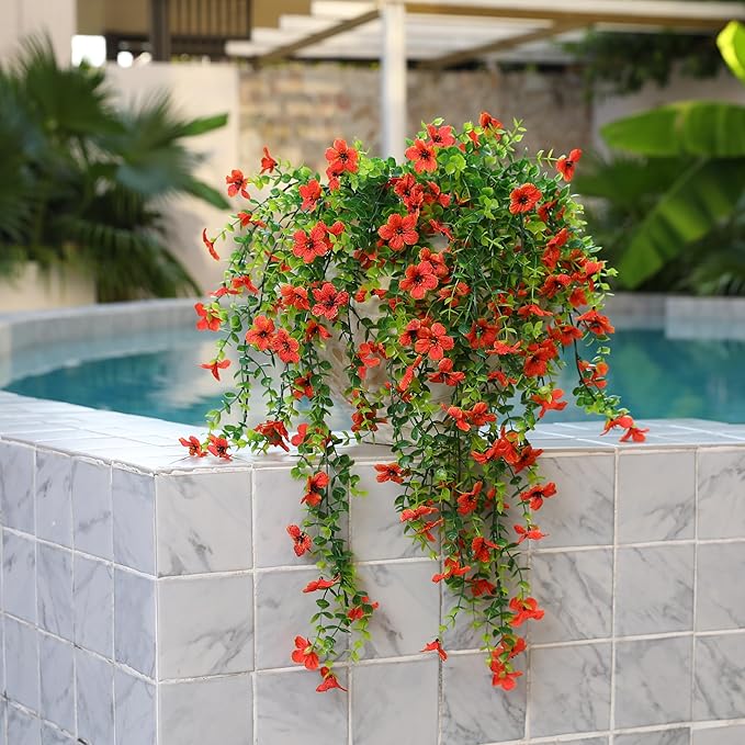 4 Pcs Fall Artificial Hanging Flowers for Outdoors,Fake Hanging Plants,Artificial Mums for Outdoors,Fall Decorations for Home,Outdoor Fall Decor(Orange)