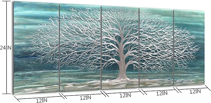 Yihui Arts Large Metal Wall Art Handcrafted Aesthetic Tree Pictures on Aluminum 5 Panels Teal and Silver Abstract Landscpae Artwork for Living Room Bedroom Dinning Decor