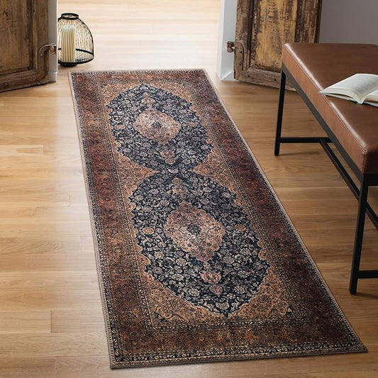 Keen Home Design 2x10 Rug - Machine Washable Runner Rug with Non-Slip Backing, Ideal for Hallway, Entryway, Kitchen, Laundry Room - Vintage, Easy Clean, Durable, Low Pile - (2'6" x 10')