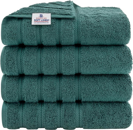 American Soft Linen Luxury 4 Piece Bath Towel Set, 600 GSM 100% Cotton Turkish Bath Towels for Bathroom, 27x54 in Extra Large Bathroom Shower Towels, Teal