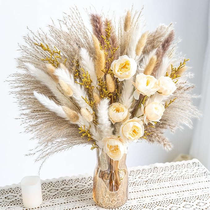 Boho Decor Bouquet - Artificial Flowers and Pampas Grass Decor kit,Mix Dried Flower Arrangement Bunny Tail Home Table Rustic Farmhouse Bedroom Decor