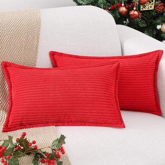 Mecatny Corduroy Throw Pillow Covers 12x20 Set of 2, Neutral Decorative Soft Boho Lumbar Couch Pillow Covers with Broadside for Sofa Living Room, Red