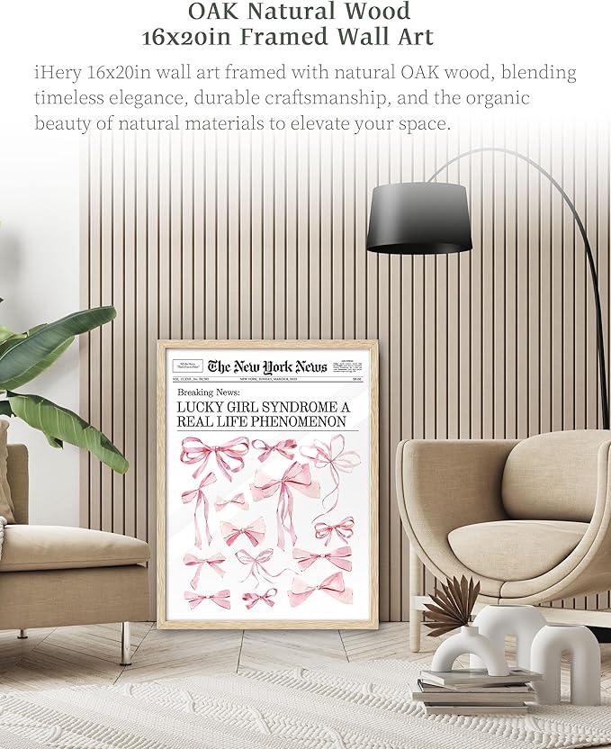 iHery Natural OAK Wood Trendy Retro Newspaper Framed Wall Art, Large 16x20 in Pink Bow Poster Vintage Canvas Wall Art, Beige Frame Lucky Girly Bedroom Bathroom Coquette Living Room Décor Set of 1