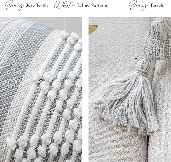 Gray Boho Throw Pillow Cover 22X22, Woven Textured Accent Pillow Cover, Sofa Couch Bed Farmhouse Pillow with Tassels (Cover ONLY)
