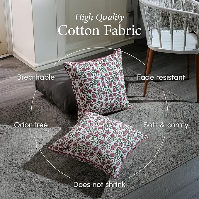 CPC 100% Cotton Throw Pillow Covers 24x24 Inch, Set of 2 Red Block Print Pattern Couch Pillow, Cute Boho Decorative Pillows for Living Room, Bedroom with Hidden Zipper- Red Garnet