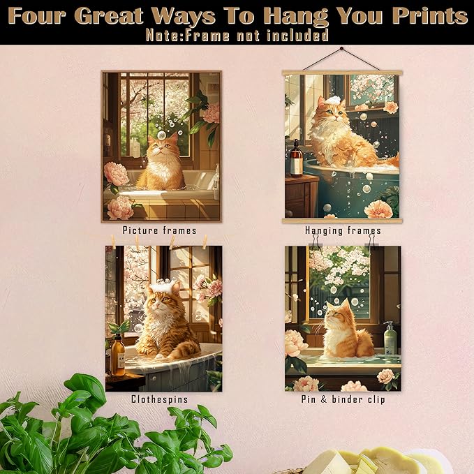 FITIE Funny Orange Cat Bathroom Wall Art Prints Set of 4, Vintage Floral Funny Orange Cat in Bathtub Wall Art Posters for Bathroom Washroom Restroom Decor, 8x10 Unframed