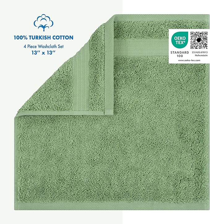 Cotton Paradise 100% Cotton Turkish Washcloth Set for Bathroom, 4 Piece Soft Absorbent Small Hand Face Towels Wash Rags, Sage Green