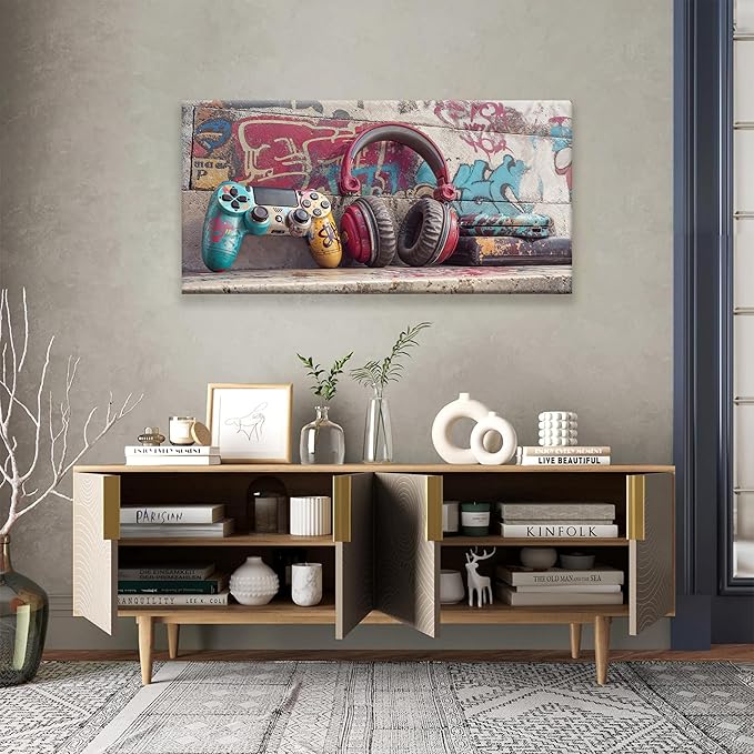 Game Wall Art Graffiti Gamepad Earphone Canvas Art Wall Decor Print Pictures For Bedroom Cool Video Gaming Poster Print Painting Room Decor For Boys Playroom Home Wall Decor Artwork 20"X 40"