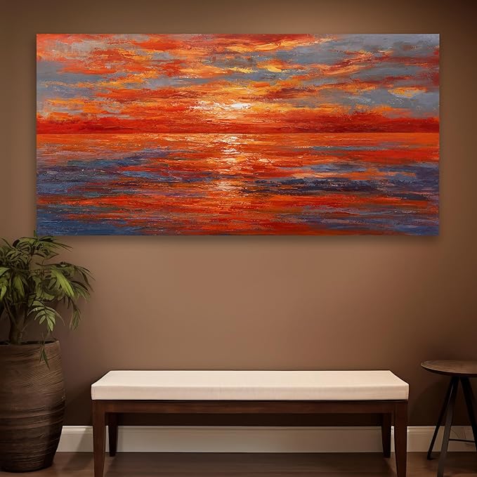 Red Sunset Ocean Abstract Wall Art Canvas Print Wall Decor Landscape Painting Framed Beach Artwork for Living Room Bedroom Office Farmhouse Bar Home Decor 29"x58"