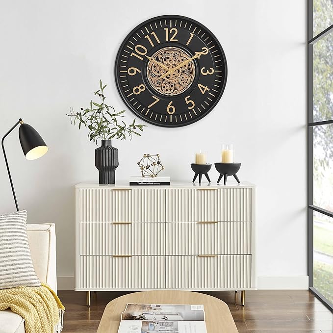 CLXEAST 21 Inch Moving Gear Wall Clock, Large Regular Arabic Numeral Wall Clocks for Living Room Decor,Modern Black& Gold Finish,House Warming Gifts New Home