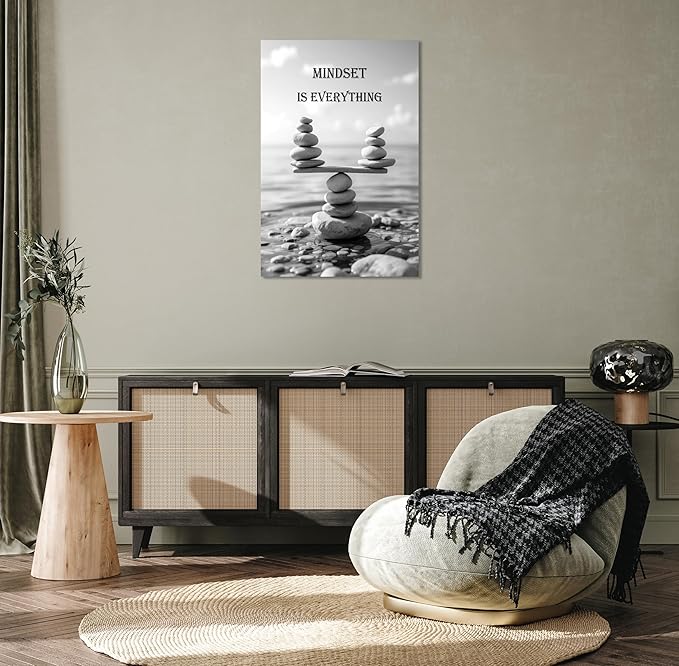YIOZHAOFH Mindset Wall Art for Zen Office Inspirational Pictures Wall Decor Motivational Quotes Canvas Art Black and White Landscape Nature Print Poster Painting Framed for Meditation Spa Room Bedroom (12L x 16W)