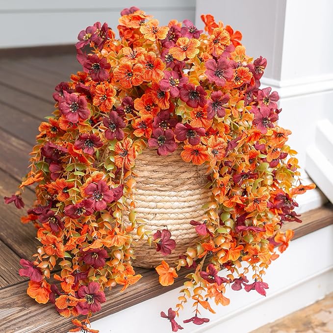 Artificial Autumn Flowers for Outdoors Fall Light Orange & Brown Daisy, Fake Hanging Decoration, 2Pcs Outside Decor, Realistic Plants, Silk Flower for Porch Patio Balcony Planter Yard