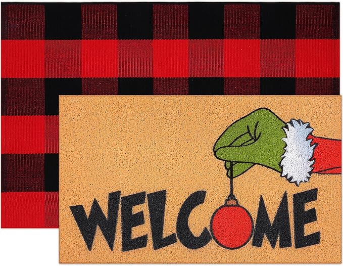 2 Pcs Christmas Welcome Door Mat Lime Green Hand Outdoor Welcome Mats for Front Door Non Slip Xmas Coir Floor Mat Black White Checked Christmas Rug for Outside Front Porch Entryway Decor