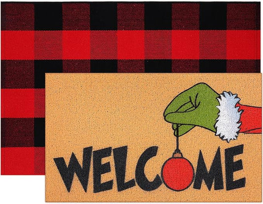 2 Pcs Christmas Welcome Door Mat Lime Green Hand Outdoor Welcome Mats for Front Door Non Slip Xmas Coir Floor Mat Black White Checked Christmas Rug for Outside Front Porch Entryway Decor