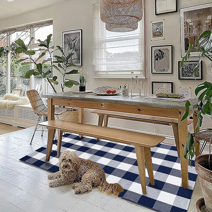 KOZYFLY Buffalo Plaid Area Rugs 3x5 Ft Navy and White Checkered Rug Washable Front Door Mat Hand Woven Cotton Outdoor Rug Large Rug for Front Porch Kitchen Entryway Patio Bathroom