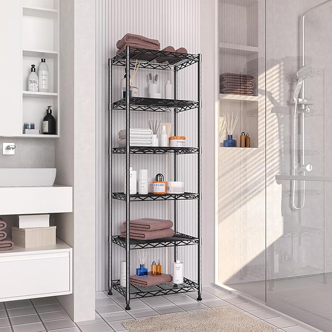 GIOTORENT 6-Tier Storage Shelves Standing Shelving Metal Units, Adjustable Height Wire Shelf Display Rack for Pantry Laundry Bathroom Kitchen 16.6” x 11.8” x 63”, Black