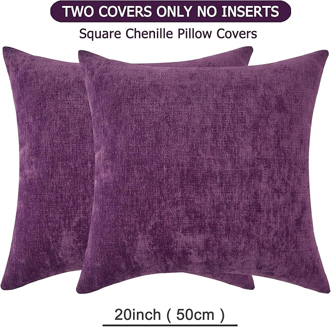 GAWAMAY Decorative Square Throw Pillow Covers 20"x20" Inch Set of 2, Super Soft Chenille Pillows Farmhouse Fall Pillowcase for Living Room Bedroom Sofa Couch Cushion Cover Purple 50x50cm (No Insert)