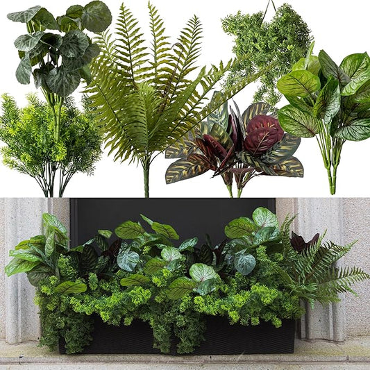 PARTY JOY 12 Bunches Fake Plants Outdoor, Fake Bushes UV Resistant Artificial Flowers Greenery Shrubs Faux Greenery for Outdoor Garden Patio Front Porch Yard Decor