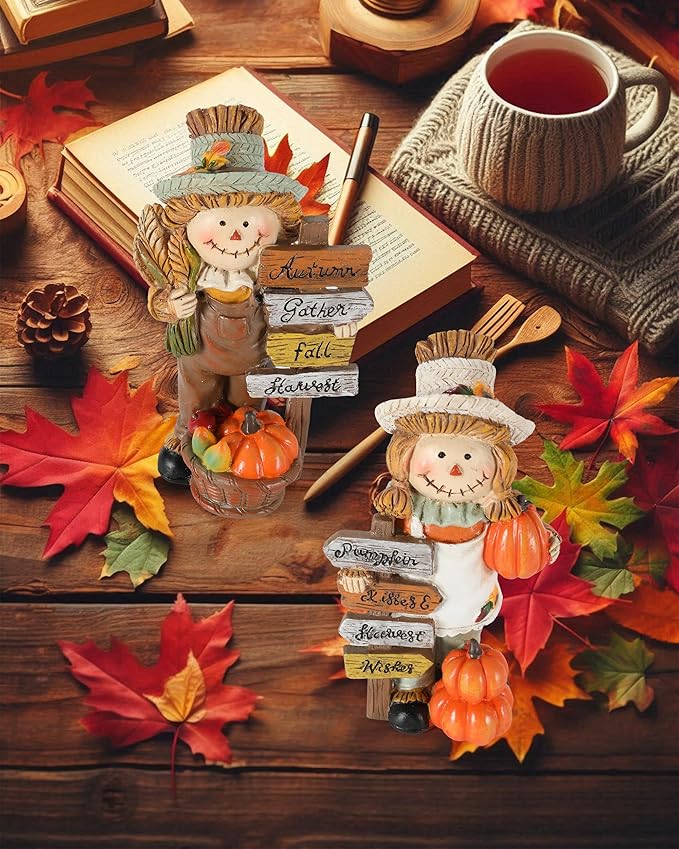 2-Pack Thanksgiving Scarecrow Figurines with Inspirational Autumn Plaques - Durable Resin 5.5'' Thanksgiving Table Decor - Fall Decorations Indoor Outdoor Harvest Gifts (Scarecrows)