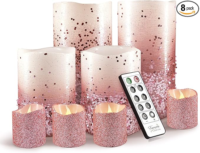 FURORA LIGHTING Pink Glitter LED Candles with Remote and Timer, 4 Pillars and 4 Votives Pack of 8, Real Wax Flameless Flickering Candles for Home Décor, Battery Included