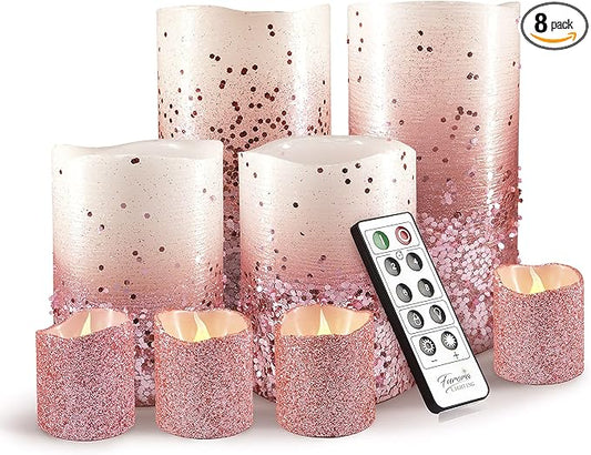 FURORA LIGHTING Pink Glitter LED Candles with Remote and Timer, 4 Pillars and 4 Votives Pack of 8, Real Wax Flameless Flickering Candles for Home Décor, Battery Included