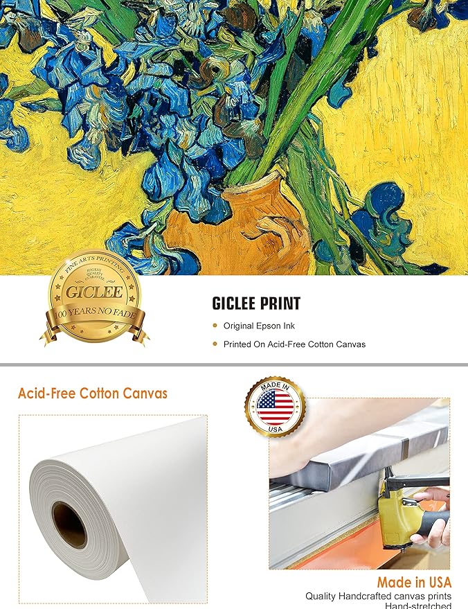 DECORARTS - Irises Vase Flower. Vincent Van Gogh Art Reproduction. Giclee Print on Canvas. Wall Art for Home. 40x32