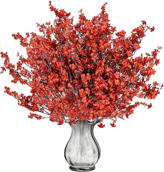 Sggvecsy 15 Pcs Babys Breath Artificial Flowers Gypsophila Bouquets Bulk Real Touch Fake Silk Flowers for Home DIY Floral Arrangement Table Centerpiece Fall Thanksgiving Autumn Decoration (Orange Red)