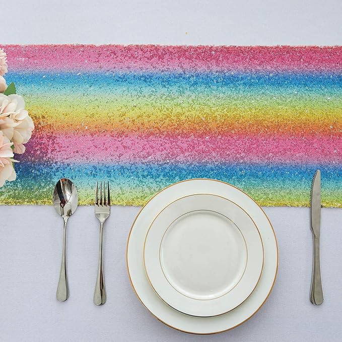 2 Packs 12 x 108 inches Rainbow Sequin Table Runner, Glitter Rainbow Table Runner for Wedding Birthday Bachelorette Holiday Party Supplies Decorations Bridal Shower Baby Shower