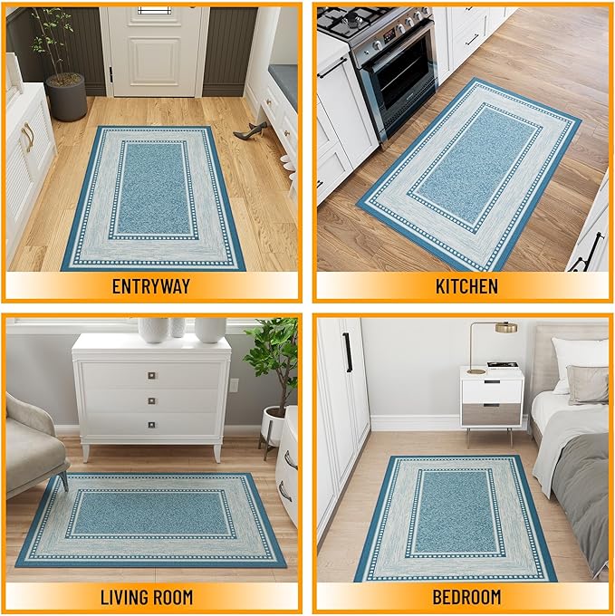 Ottomanson 3'3" x 5' Rugs for Living Room Border Area Rug for Bedroom - Non Slip Durable Large Floor Carpet for High Traffic Areas - Indoor Rug for Dining Room Kitchen Kids Playroom, Turquoise