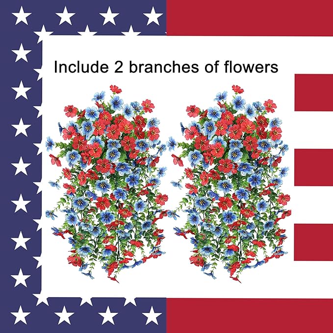 Faux Flowers for Outdoors Decoration, 2Pcs Artificial Fake Hanging Spring Summer Decor, Red and Blue Realistic Plants, UV & Fading Resistant Silk Flower for Porch Patio Balcony Planter Yard