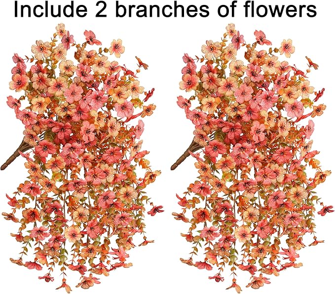 Artificial Flowers for Outdoors Fall Decoration, 2Pcs Fall Orange Yellow Hanging Flowers with Autumn Eucalyptus Leaves Faux Silk Flower Decor for Home Porch Patio Balcony Planter Yard