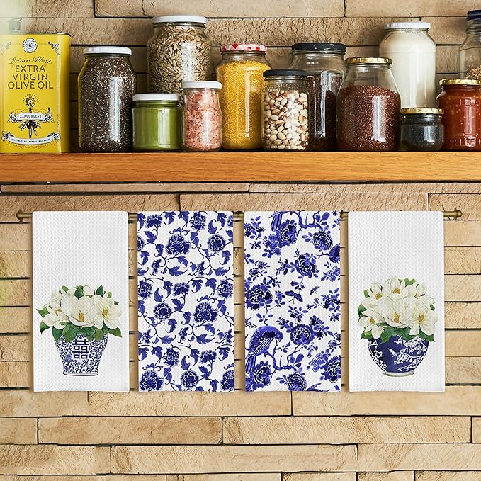 Blue and White Porcelain Chinoiserie Kitchen Towels Set of 4 - Chinoiserie Decor Dish Towels for Kitchen, Blue and White Decorative Hand Towels for Bathroom Kitchen, 16x24 Inches