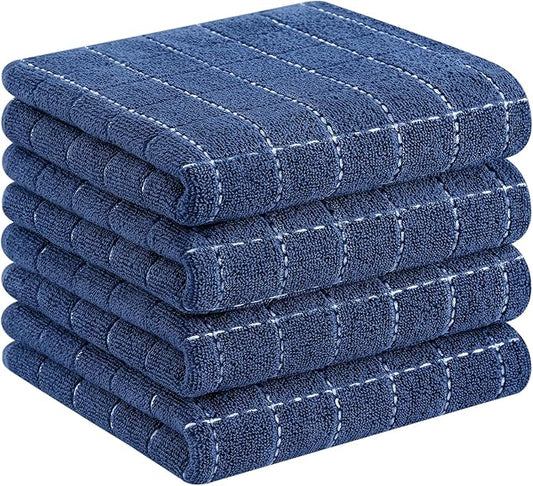 Homaxy 100% Cotton Terry Kitchen Towels(Navy Blue, 13 x 28 inches), Checkered Designed, Soft and Super Absorbent Dish Towels, 4 Pack