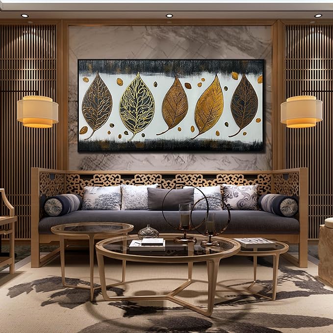 CIRABKY Leaf Hand Painted Wall Art for Living Room - Vintage Canvas Wall Art for Office - Large Picture Black Frames for Wall Size 29" x 59"