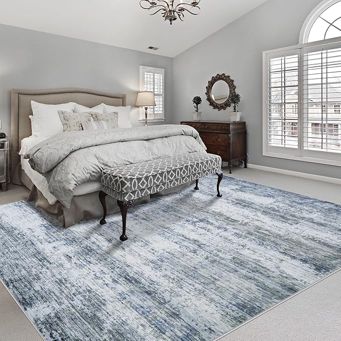 Area Rugs 9x12 Living Room: Large Machine Washable Area Rug with Non Slip Backing Non Shedding Abstract Stain Resistant Carpet for Bedroom Dining Room Nursery Home Office - Blue/Gray