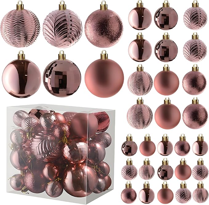 PREXTEX Champagne Christmas Ball Ornaments (36 pcs) - Shatterproof Christmas Tree Decorations with Hanging Loops in 6 Styles and 3 Sizes - Xmas Ornaments Set for Indoor and Outdoor Decor