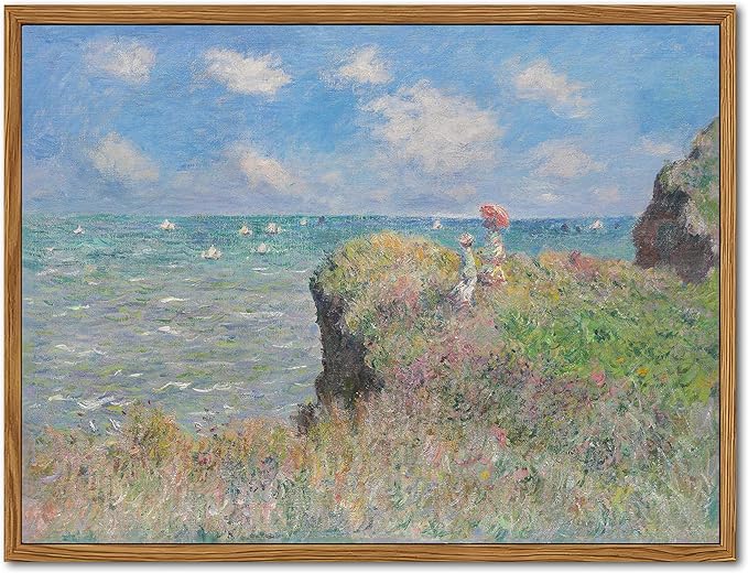 Framed Vintage Monet Wall Art Coastal Decor – Impressionist Seaside Oil Painting Canvas Prints – Nature Beach Scene Landscape Aesthetic Wall Decor for Living Room Bedroom Bathroom – 16"x24"