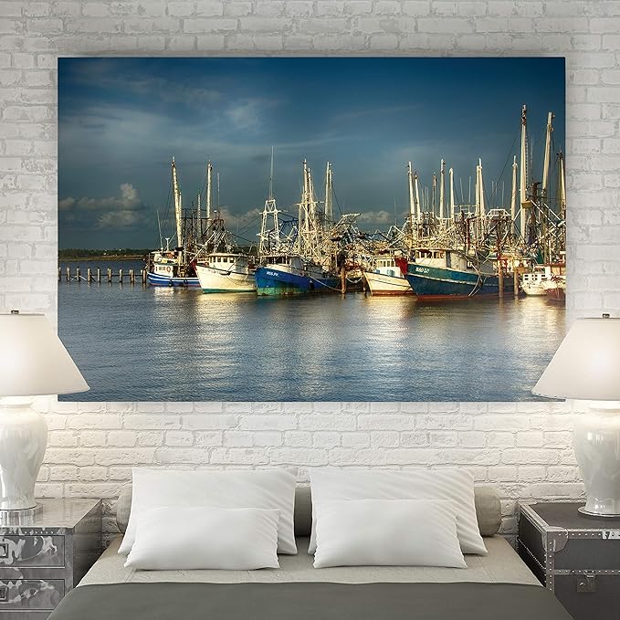Renditions Gallery Wall Hanging Art Pictures & Prints Shrimp Boats Docked in Pier Canvas Artwork for Bedroom Living Room Office Wall Decor - 32"X48" LT08