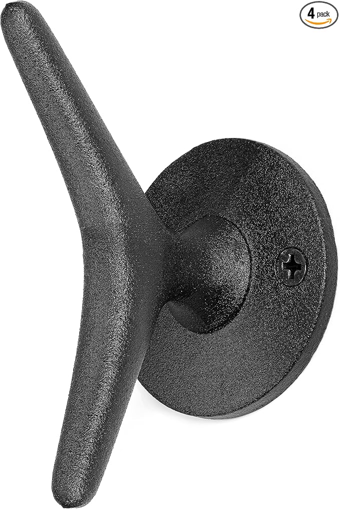 Claimed Corner Cast Iron Coat Hooks - Boat Cleat Nautical Marine Entryway Decor Multi-Purpose Hat Towel Hanging Hook - Durable & Rust-Resistant - Includes Mounting Hardware - 4 Pack (Large, Black)