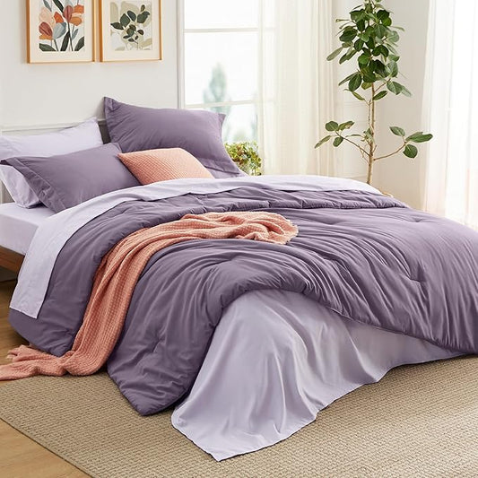 Bedsure King Size Comforter Set - 7 Pieces Grayish Purple King Bedding Set for All Seasons, Boho Contrasting Design Bed in a Bag with Comforter, Sheets, Pillowcases & Shams