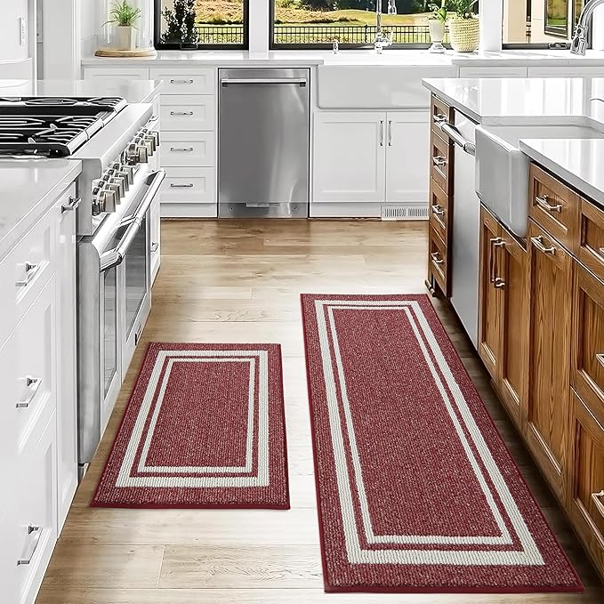 COSY HOMEER Kitchen Rugs Non-Slip 20" x30/20 x48 Inch Thick Polypropylene Standing Mat for Home Machine Washable, Red Frame