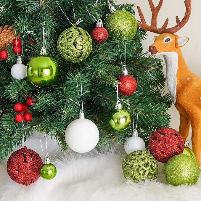 Christmas Balls Tree Ornaments, Shatterproof Christmas Decorations Set with Reusable Hand-held Gift Package for Holiday Xmas Tree Decor(Red, Green & White)