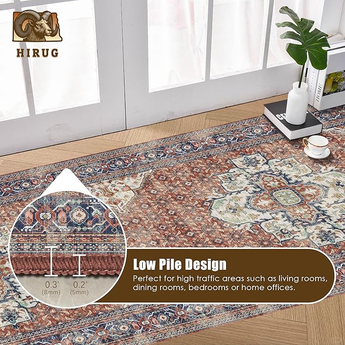 Washable Area Rug 2'6'' x 8' Vintage Traditional Persian Mat - Foldable Distressed Non-Slip Machine Washable Carpet for Living Room Bedroom Kitchen Home Decor - Terracotta and Navy
