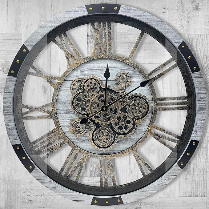 DORBOKER 40" Original Moving Gears Wall Clock, Large Industrial Wall Clock for Living Room Decor,Oversized Wood Vintage Farmhouse Steampunk Rustic Clocks for Wall Decor,Silver Grey