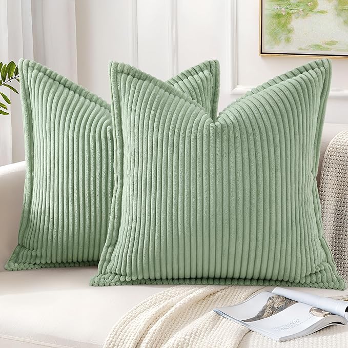 Mecatny Corduroy Throw Pillow Covers 20x20 Set of 2, Neutral Decorative Soft Boho Couch Pillow Covers with Broadside for Sofa Living Room, Sage Green