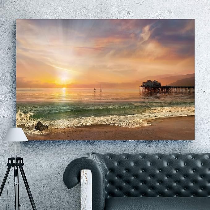 Renditions Gallery Canvas Nature Art Prints Evening Sunset at Calm Sandy Beach Wall Hanging Artwork for Bedroom Office Home Decorations - 32"X48" LT08