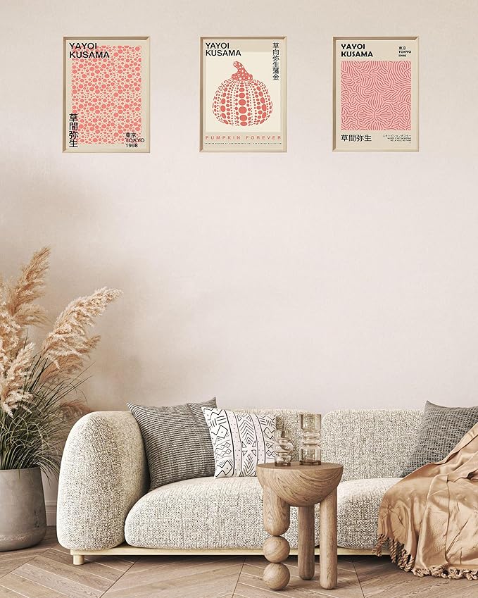 UPWOIGH 12x16 Framed Wall Art Set of 3, Yayoi Kusama Pumpkin Infinity Net Dots Canvas Prints, Modern Cotton Pattern Wall Decor for Living Room Bedroom, Gift