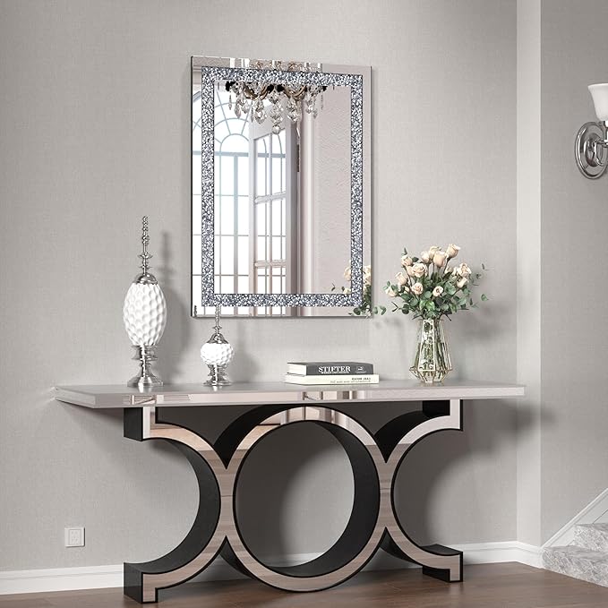 Crystal Crush Diamond Mirror-24x32Silver Mirror, Gorgeous Wall Mirror, Rectangle Mirrors for Wall Bathroom, Bedroom, Dining Room and Living Room