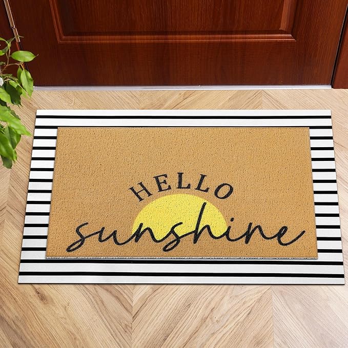 2 Pcs Door Mat Yellow Welcome Non Slip Coir Mats Stripe Floor Layering Doormats Seasonal for Front Porch Entryway Decor(Sunshine)