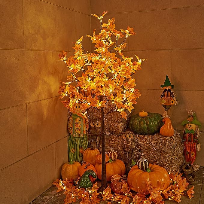 LIGHTSHARE 5FT 96LED Artificial Lighted Maple Tree Warm White Halloween Fall Decorations Indoor Ourdoor, Orange